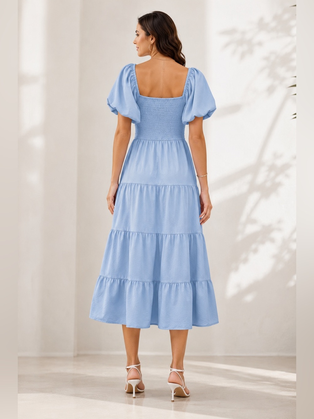 PRETTYGARDEN Blue Tiered Smocked Midi Dress Large Puff Sleeve Cottagecore - Picture 2 of 12